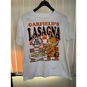 Men’s  Garfield Lasagna By The Slice White Graphic Shirt Size Large *Read*